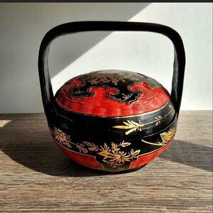 Vintage Chinese Wedding Basket - Handwoven Rattan with Lacquered Red & Black
